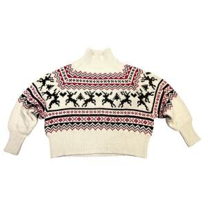 H&M Nordic Fair Isle Thick Knit Oversize Cropped Beige Sweater Size L Christmas